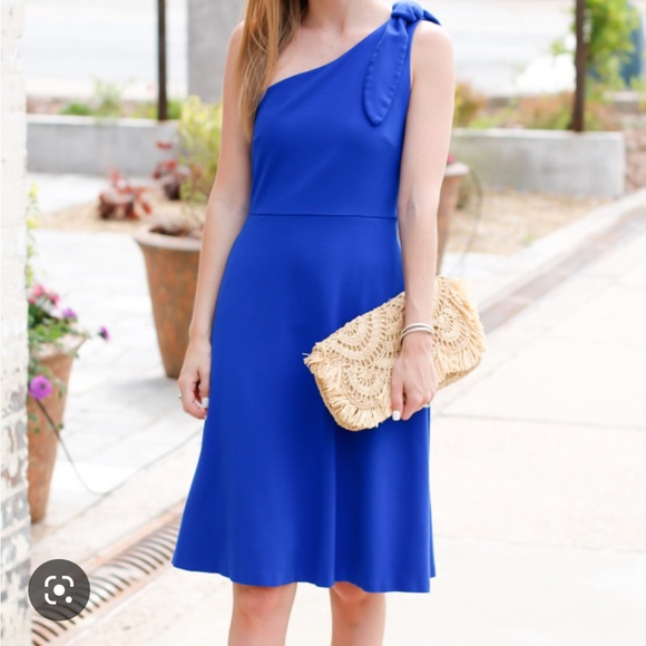 BR Blue Dress One Shoulder Bow A-line Banana Republic Cocktail Wedding Guest - Picture 4 of 9